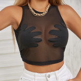 Black Fashion Sexy Patchwork See-through O Neck Tops
