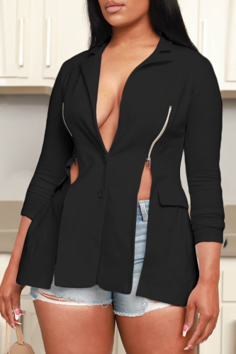 Black Fashion Solid Zipper Turndown Collar Outerwear