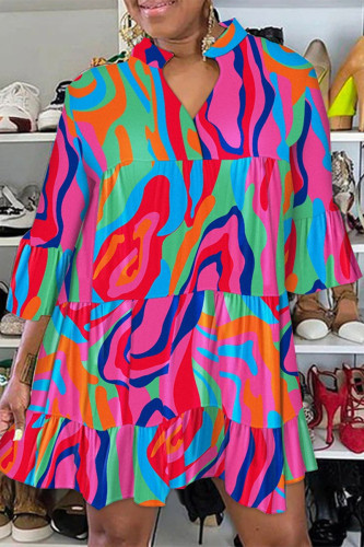 Vestido estampado multicolorido moda casual patchwork decote em v