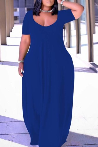Vestido azul fashion casual plus size sólido patchwork decote em v manga curta