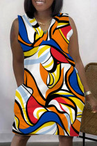 Robe mode décontractée imprimé patchwork col en V sans manches grande taille orange bleu