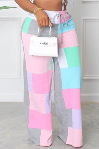 Pantaloni dritti patchwork a vita alta con stampa casual grigi