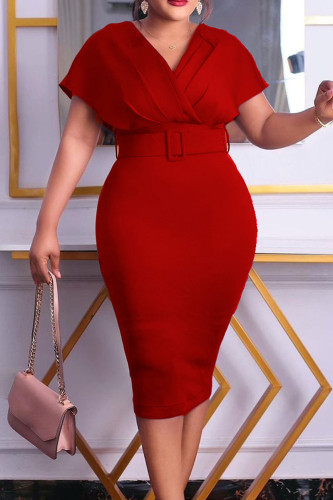 Vestidos de saia de um passo vermelho casual patchwork com decote em V