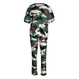 Vert Armée Casual Camouflage Imprimé Patchwork O Cou Manches Courtes Deux Pièces