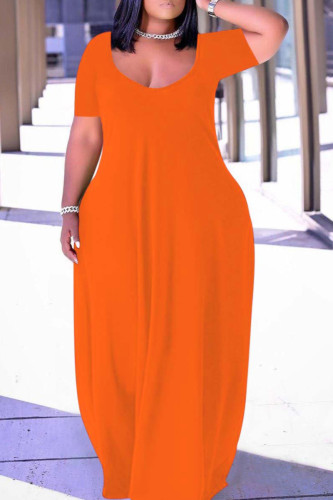 Tangerine Röd Mode Casual Plus Size Solid Patchwork V-ringad kortärmad klänning