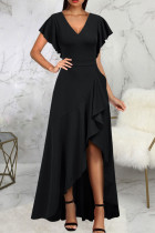 Black Elegant Solid Patchwork Flounce Asymmetrical V Neck Straight Dresses