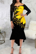 Black Yellow Sexy Print Patchwork Off the Shoulder Trumpet Mermaid Dresses