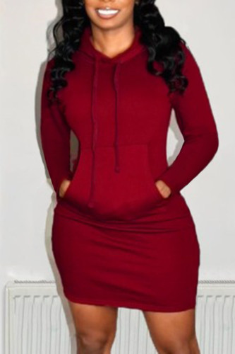 Röd Mode Casual Solid Patchwork Långärmade Klänningar med Huvkrage