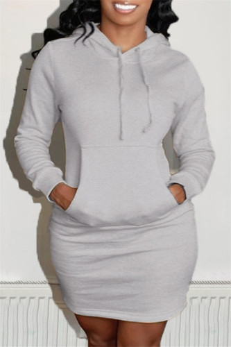 Vestidos de manga comprida com capuz cinza moda casual patchwork sólido com capuz