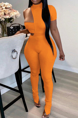Col roulé asymétrique solide sexy à la mode orange à manches courtes deux pièces