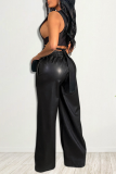 Black Casual Solid Patchwork Straight Mid Waist Wide Leg Solid Color Bottoms