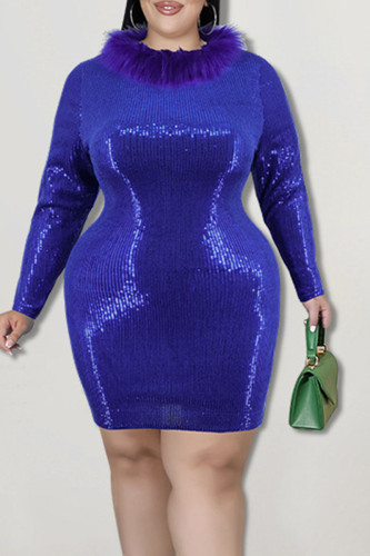 Bleu Mode Sexy Solide Paillettes Patchwork Plumes O Cou Une Étape Jupe Plus La Taille Robes