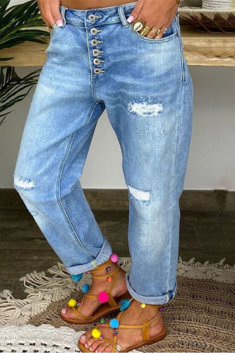 Jeans jeans casual fashion casual rasgado com fivela de retalhos cintura alta regular