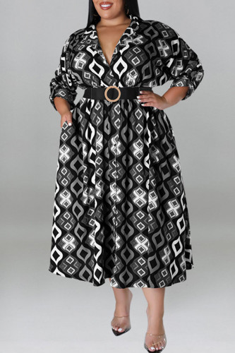 Vestido cinza estampado casual patchwork com cinto gola virada para baixo vestidos plus size