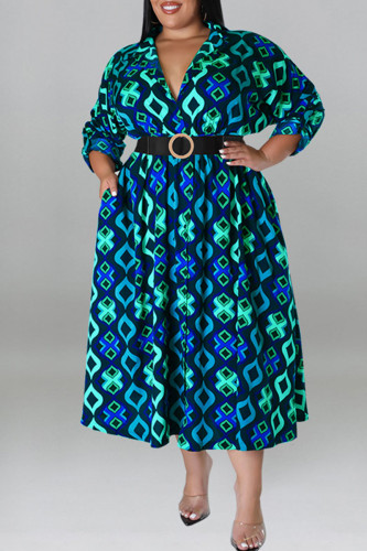 Vestido azul estampado casual patchwork com cinto gola virada para baixo vestidos plus size