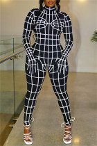 Black Fashion Casual Print Patchwork Turtleneck Skinny Jumpsuits