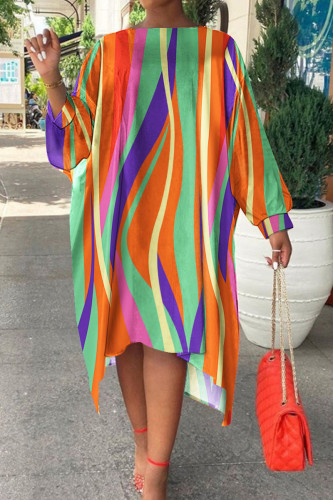 Colour Daily Fashion Striped Print Long Sleeve Plus Size African Dress
