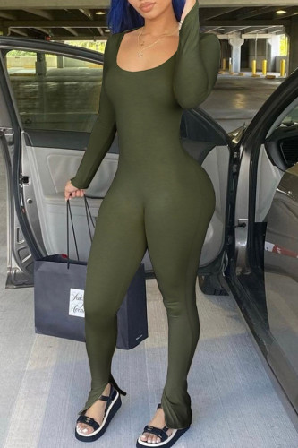 Macacão skinny verde-oliva sexy sólido patchwork sem costas e decote em U