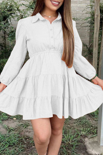 White Casual Solid Patchwork Buckle Fold Turndown Collar A Line Dresses