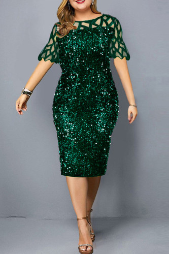 Grönt mode Patchwork Plus Size Paljetter Genomskinlig O-ringad kortärmad klänning