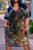 Robes droites à col en V et poche imprimée à la mode turquoise
