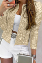 Champagne Fashion Solid Sequins Patchwork O Neck Outerwear