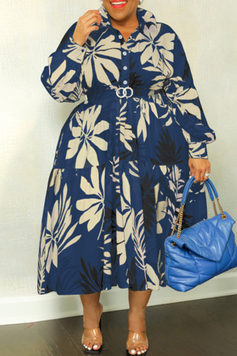 Blue Casual Print Patchwork Turndown Collar Long Sleeve Plus Size Dresses