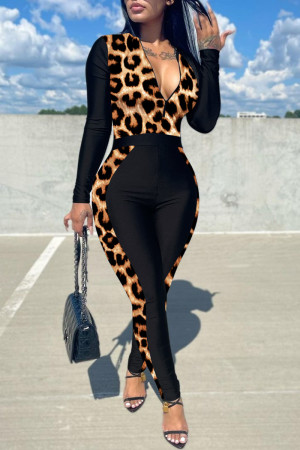 Leopard Print Fashion Casual Print Patchwork Zipper Collar Skinny Jumpsuits