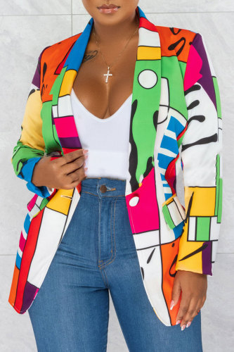 Vêtements d'extérieur multicolores à col rabattu et imprimé patchwork à la mode décontractée