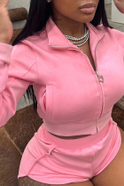 Pink Sexy Solid Zipper Turndown Collar Long Sleeve Two Pieces