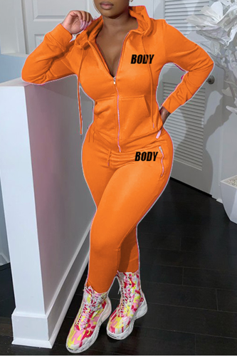 Orange Casual Print Drag String Letter Hooded Collar Plus Size Two Pieces