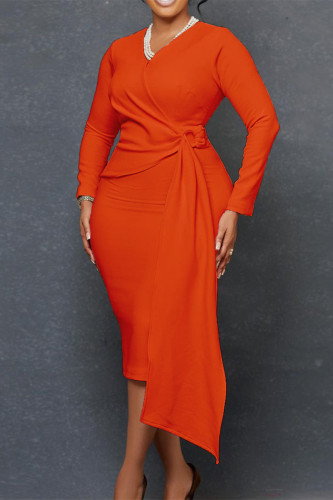 Orange Casual Solid Patchwork V-hals långärmade klänningar