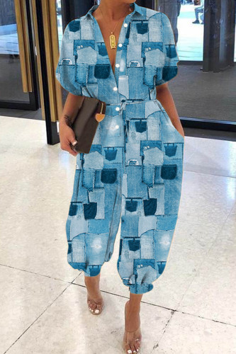 Tute regolari blu moda casual con stampa patchwork colletto turndown