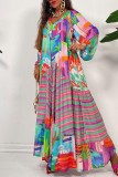 Vestidos de manga comprida com estampa casual multicolorida de patchwork decote em V