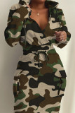 Camouflage Casual Print Patchwork V-hals långärmade klänningar