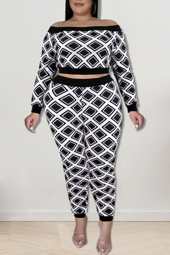 White Sexy Print Patchwork Off the Shoulder Plus Size Two Pieces