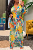 Green Yellow Sexy Print Patchwork V Neck Long Sleeve Dresses