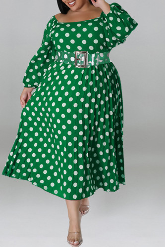 Vestidos casuais verdes com estampa de pontos patchwork sem costas manga longa plus size (sem cinto)