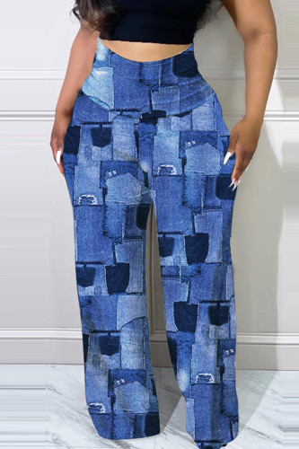 Blå Mode Casual Print Patchwork Vanliga byxor med hög midja