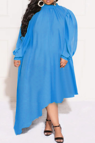 Robes de grande taille bleu bébé décontracté solide patchwork demi col roulé robe irrégulière