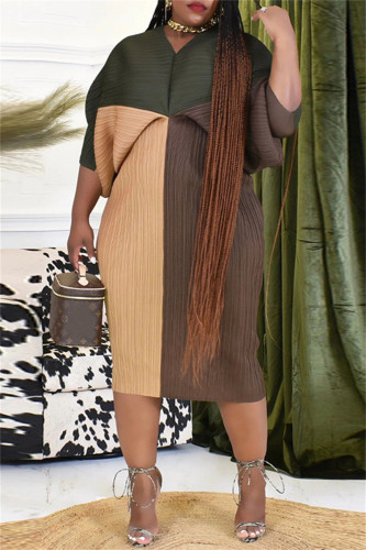 Brun Casual Print Patchwork V-hals Pencil Skirt Plus Size Klänningar