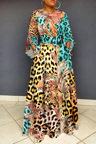 Grön Gul Casual O-hals Afrika traditionella tryckta klänning