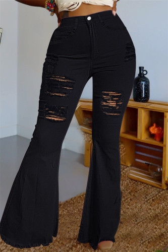 Jeans jeans preto casual rasgado de cintura alta com corte de bota