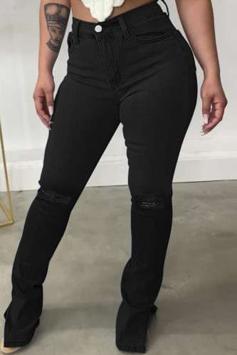 Jeans jeans preto casual sólido rasgado com fenda e cintura alta regular