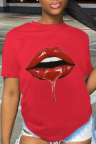 Camisetas Red Casual Daily Lips Impresso Patchwork O Neck