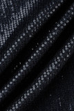 Vestidos de lantejoulas de patchwork casual moda preta com decote em linha