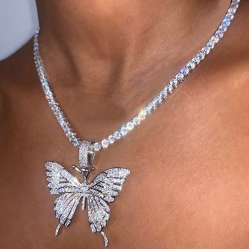Silver Butterfly Dubbellager Strasshänge Halsband