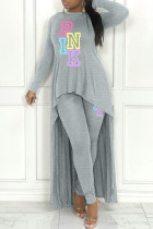 Grey Casual Letter Print Asymmetrical O Neck Long Sleeve Two Pieces
