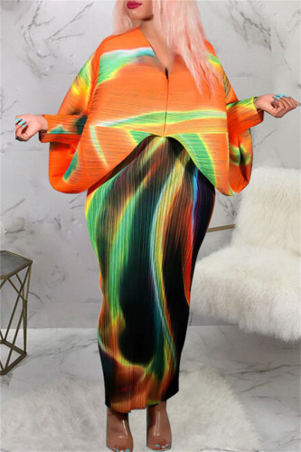 Orange Grön Casual Print Patchwork V Neck Pencil Skirt Plus Size Klänningar