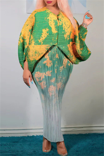 Grön Gul Casual Print Patchwork V Neck Pencil Skirt Plus Size Klänningar